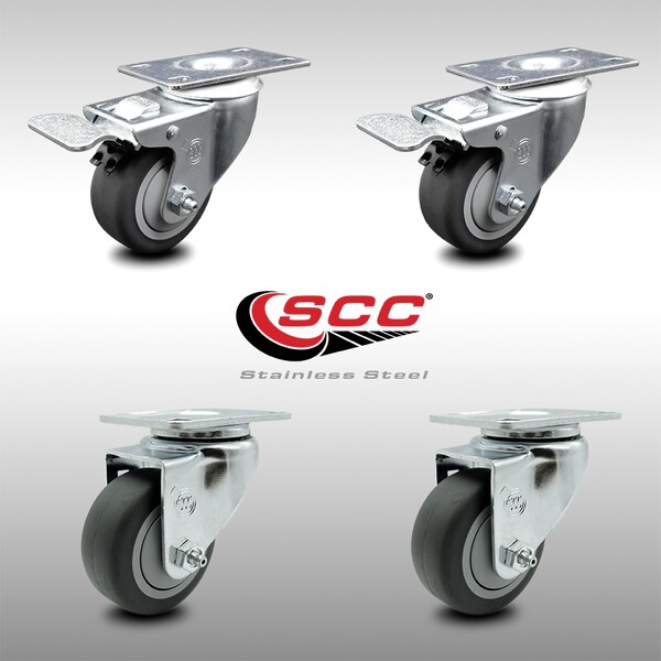 3 Inch SS Thermoplastic Rubber Wheel Top Plate Caster Total Lock Brakes, 2PK